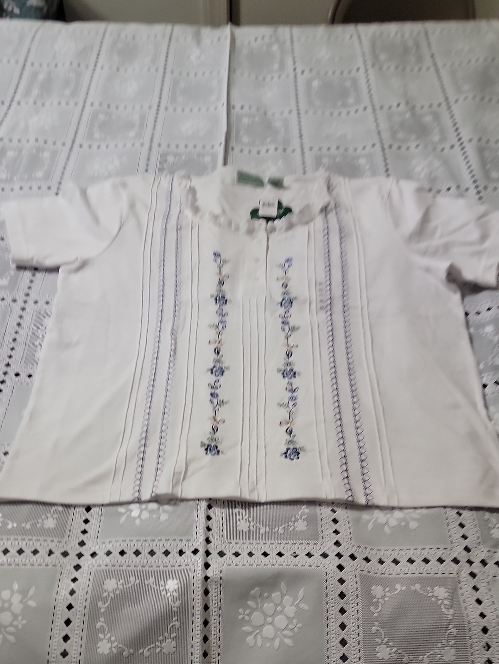 Shenanigans White Short-Sleeve Blouse with Blue Floral Embroidery and Pintucks
